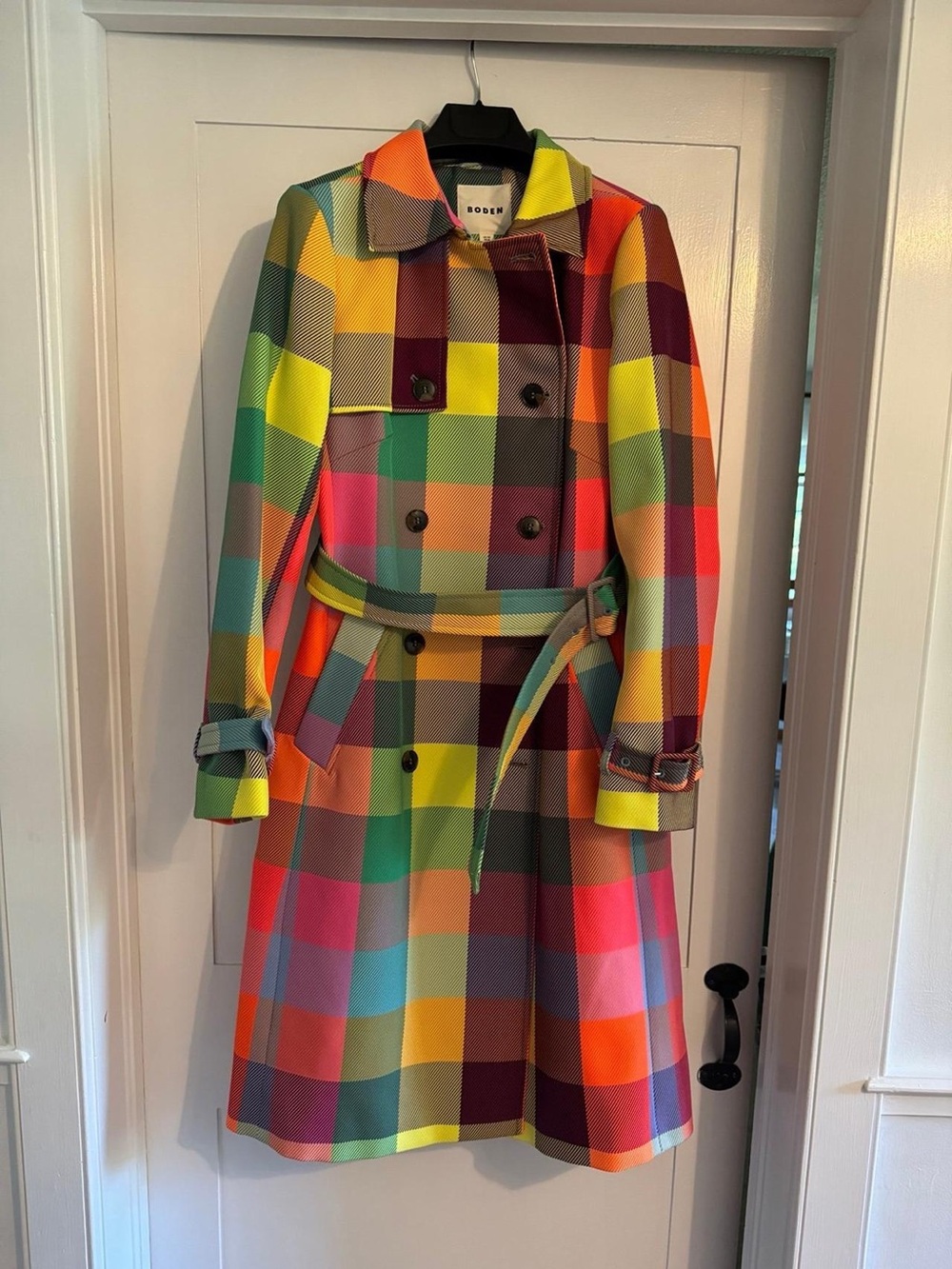 Boden Bright Neon Multicolored Plaid Trench Coat 4